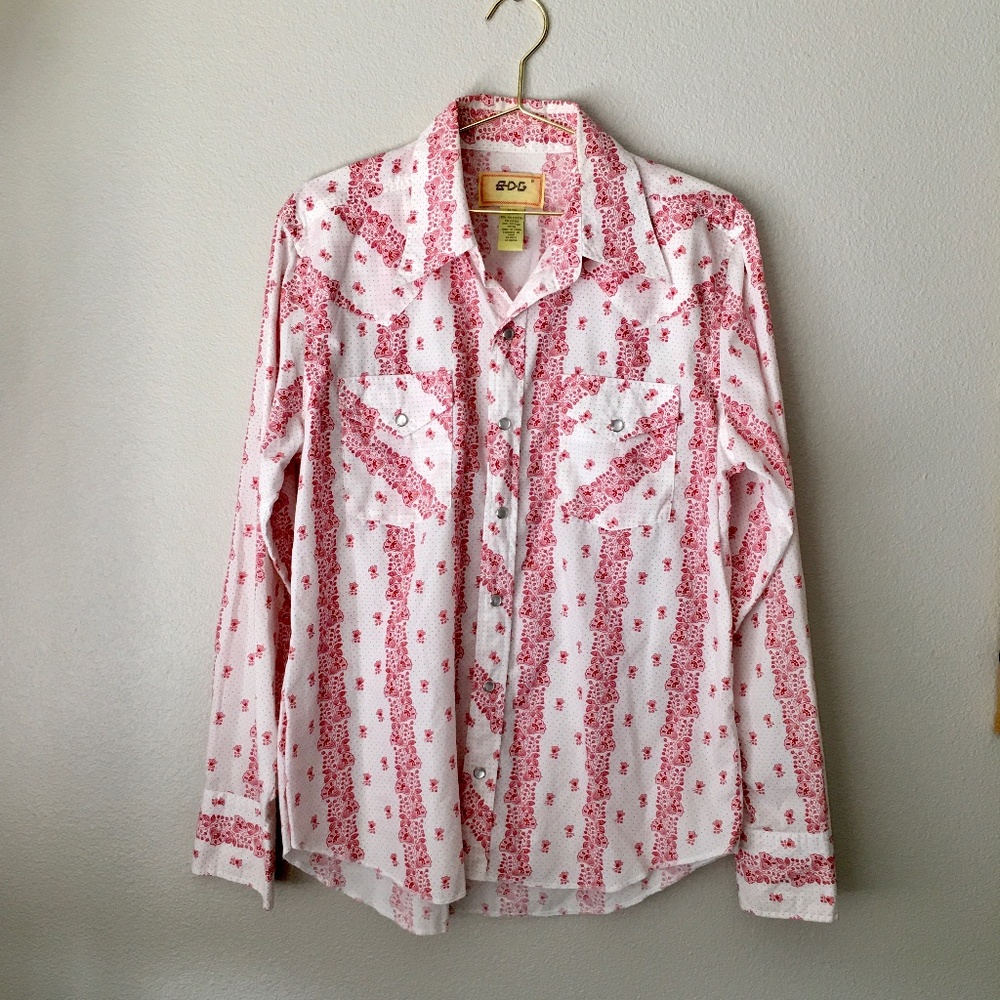 BDG Vintage Men's M Pearl Snap Floral White and Red Long Sleeve Western Shirt